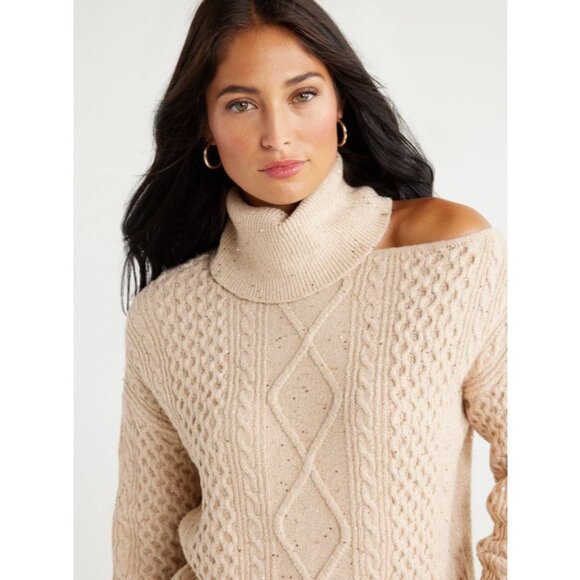 Sofia Jeans M Cream Cable Knit Cold Shoulder Turtleneck Sweater Metallic Sequins - Picture 9 of 16